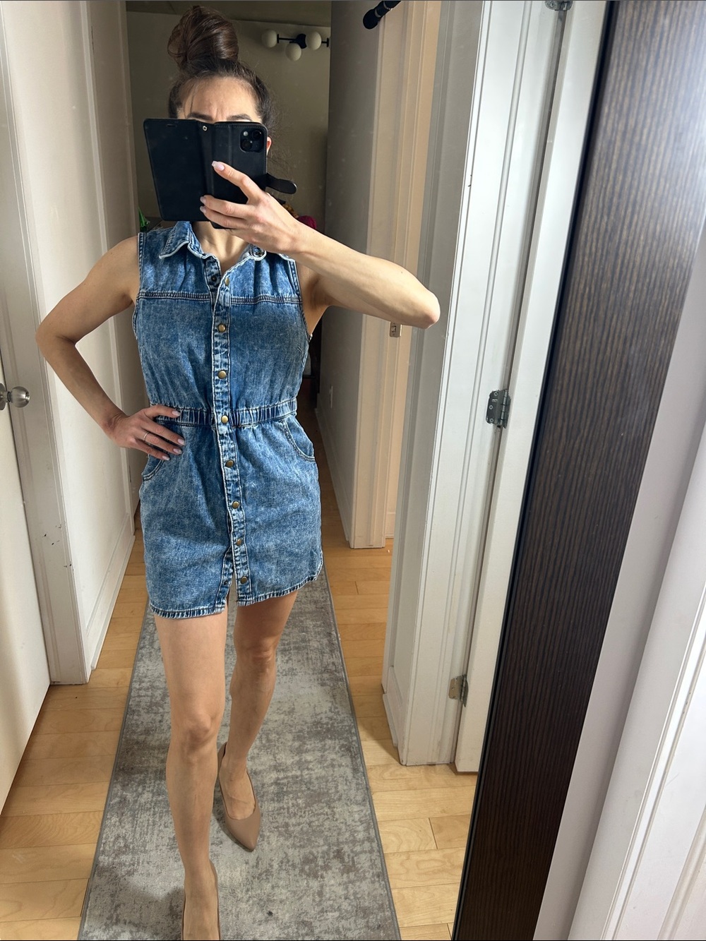 Forever 21 Sleeveless Denim Mini Dress – Snap Button Front, Elastic Waist